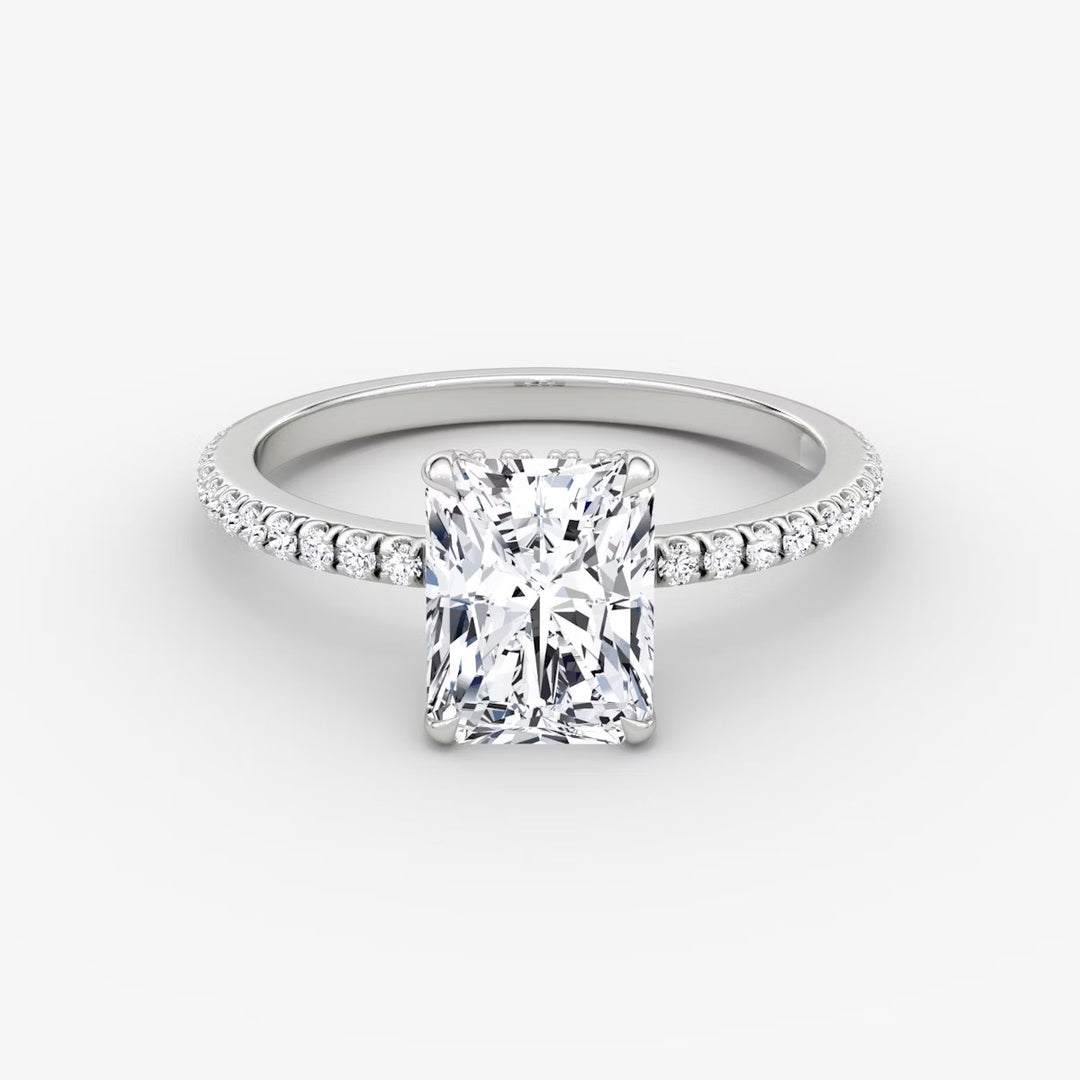 Radiant Cut - Pave Band Hidden Halo - Classic Engagement Ring- 14 K Gold