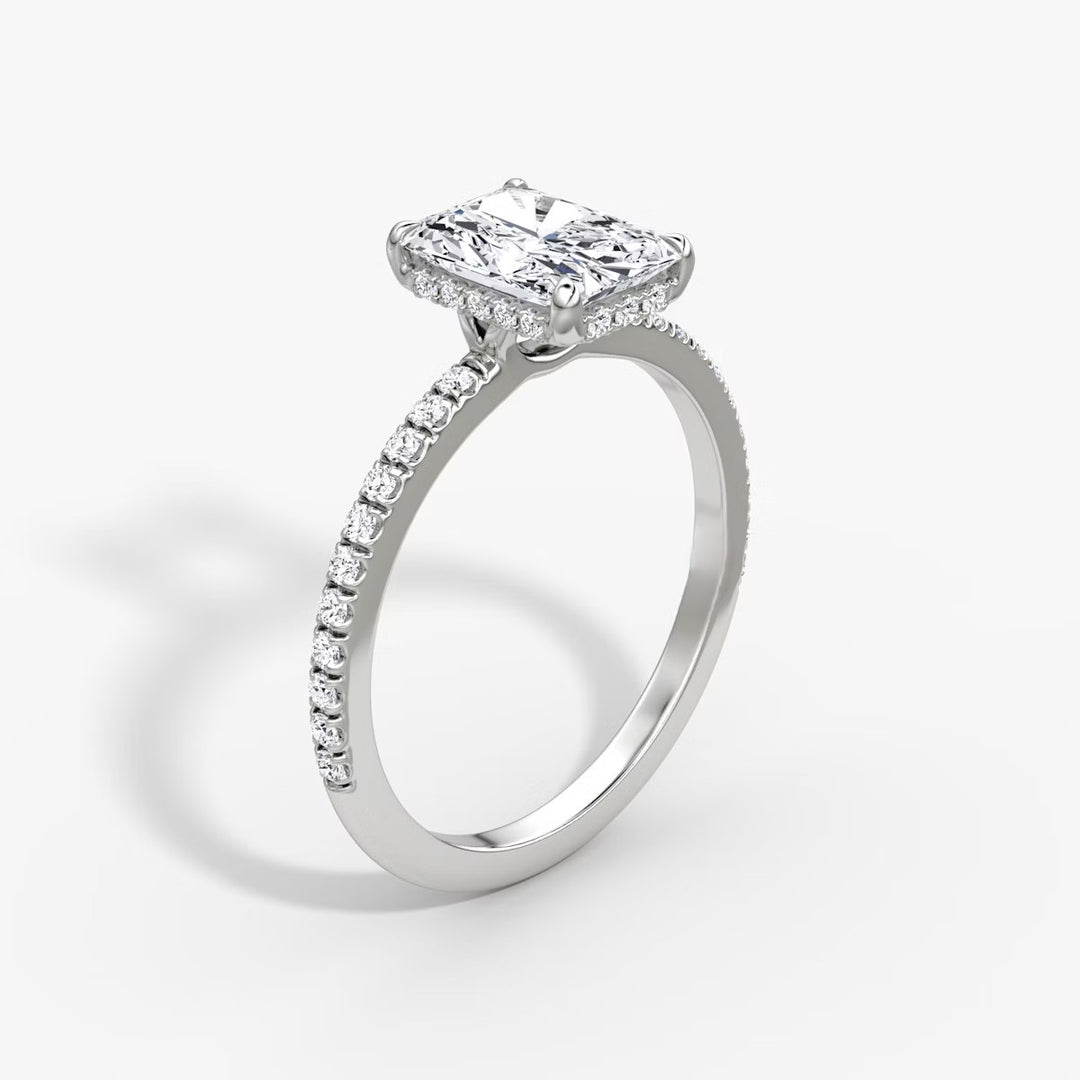 Radiant Cut - Pave Band Hidden Halo - Classic Engagement Ring- 14 K Gold