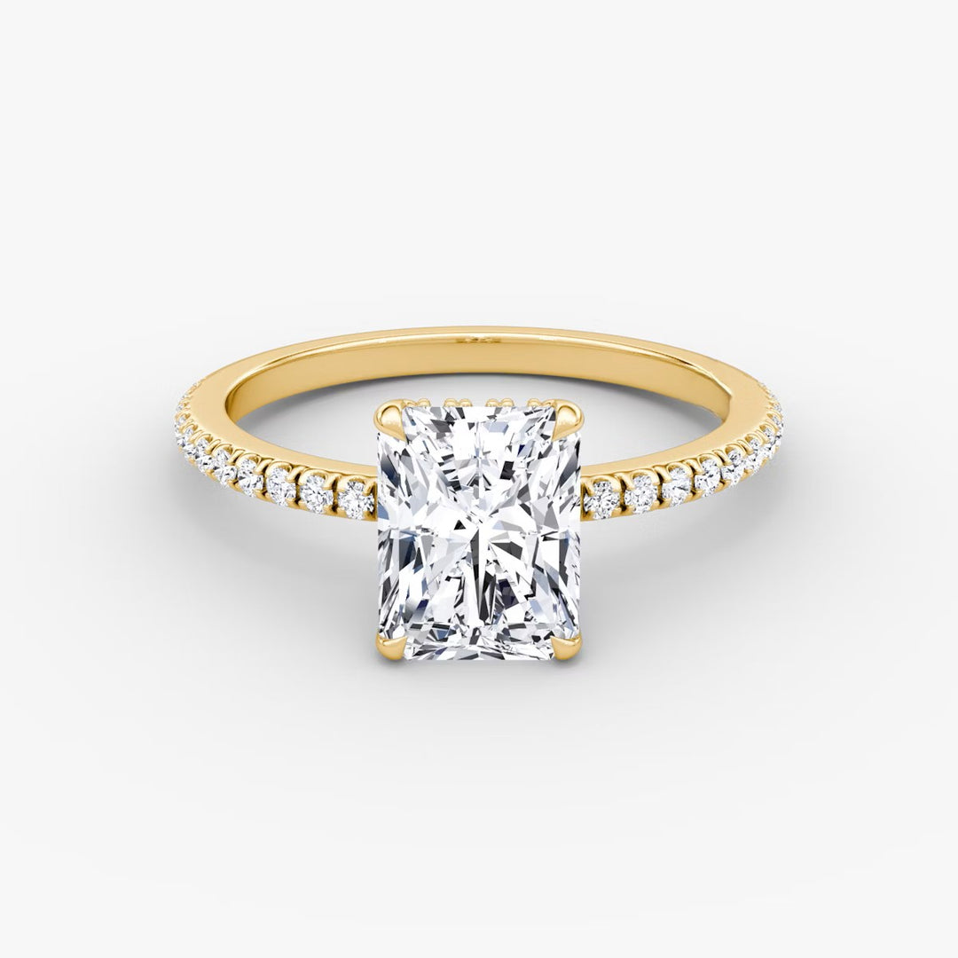 Radiant Cut - Pave Band Hidden Halo - Classic Engagement Ring- 14 K Gold