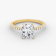 Radiant Cut - Pave Band Hidden Halo - Classic Engagement Ring- 14 K Gold