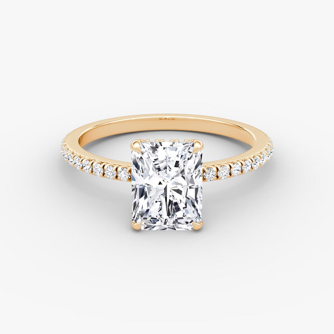 Radiant Cut - Pave Band Hidden Halo - Classic Engagement Ring- 14 K Gold