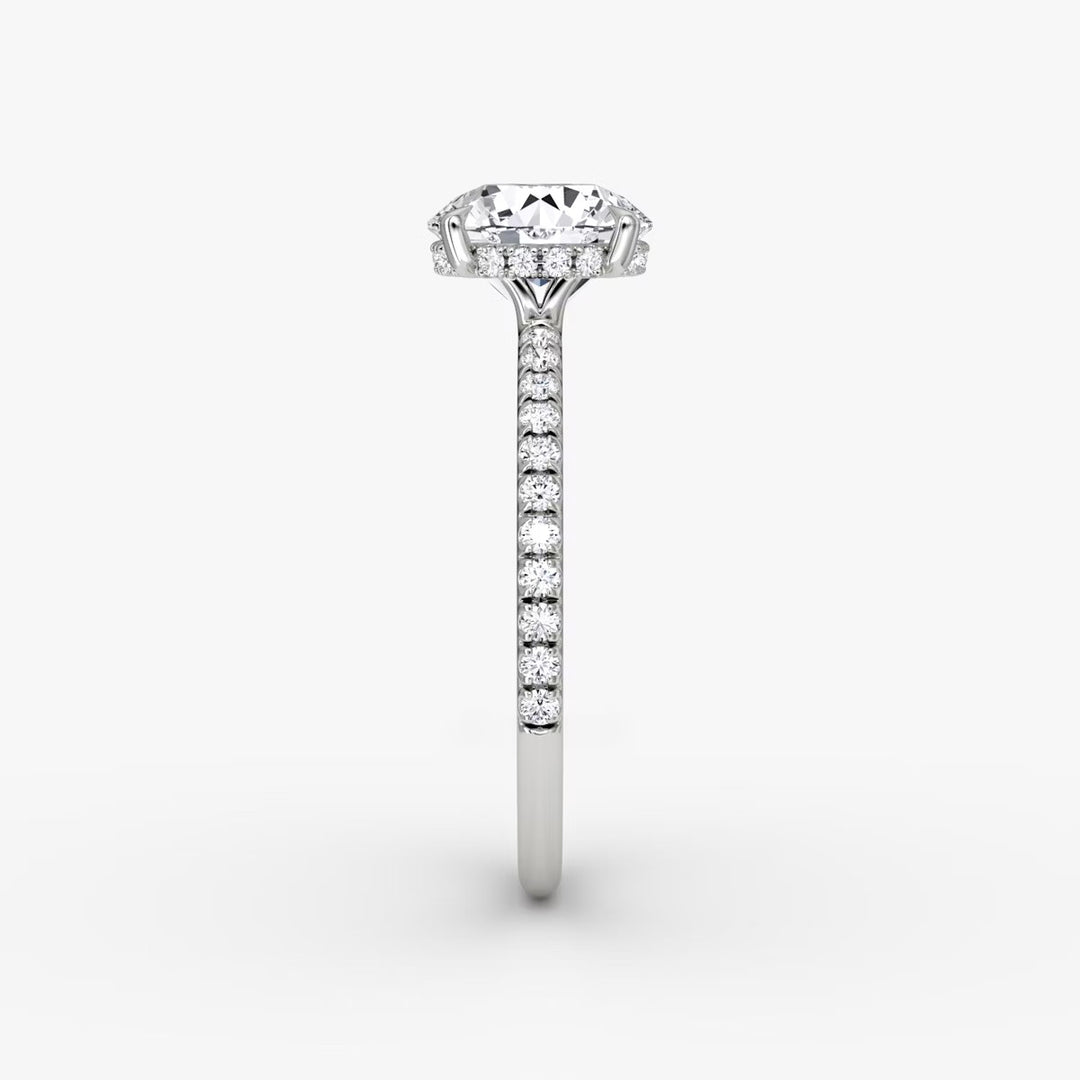 Round Cut - Pave Band Hidden Halo - Classic Engagement Ring- 18 K Gold