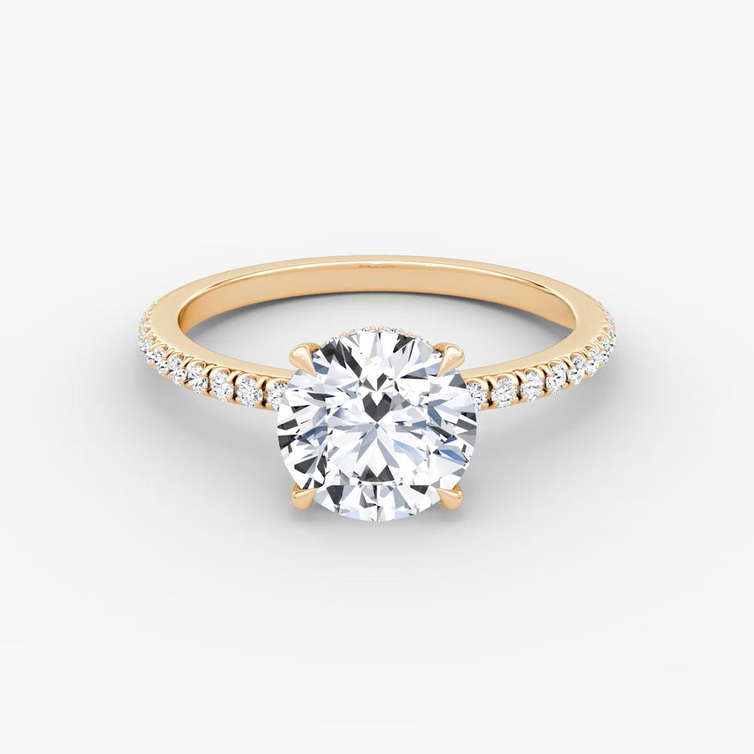 Round Cut - Pave Band Hidden Halo - Classic Engagement Ring- 18 K Gold