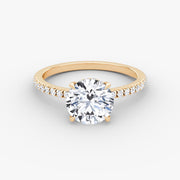 Round Cut - Pave Band Hidden Halo - Classic Engagement Ring- 14 K Gold