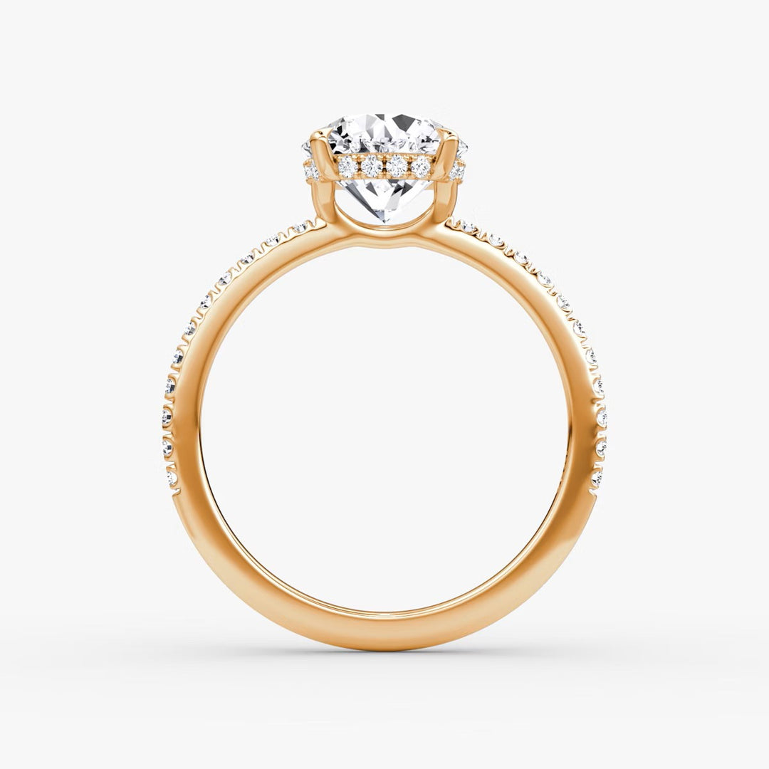 Round Cut - Pave Band Hidden Halo - Classic Engagement Ring- 18 K Gold