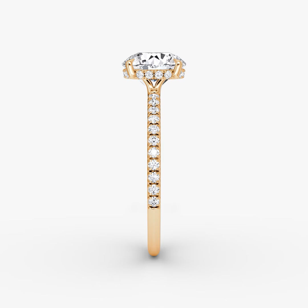 Round Cut - Pave Band Hidden Halo - Classic Engagement Ring- 18 K Gold