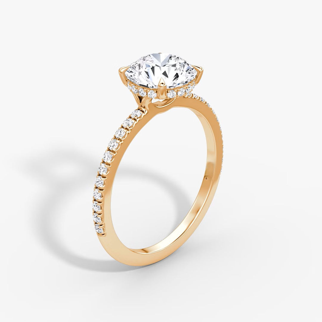 Round Cut - Pave Band Hidden Halo - Classic Engagement Ring- 18 K Gold