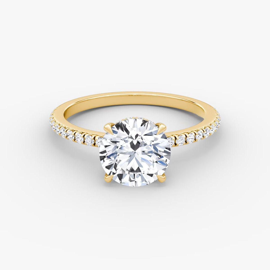 Round Cut - Pave Band Hidden Halo - Classic Engagement Ring- 18 K Gold