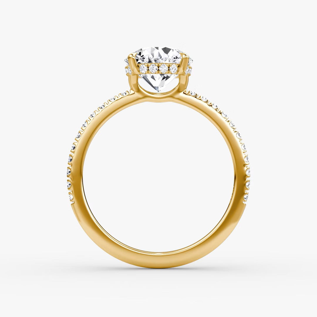 Round Cut - Pave Band Hidden Halo - Classic Engagement Ring- 18 K Gold