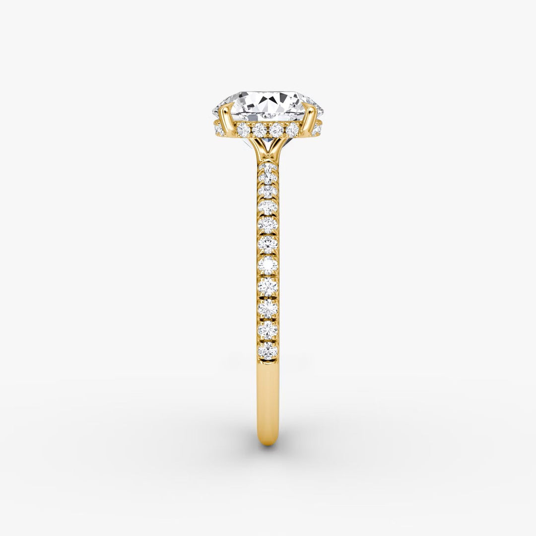 Round Cut - Pave Band Hidden Halo - Classic Engagement Ring- 18 K Gold