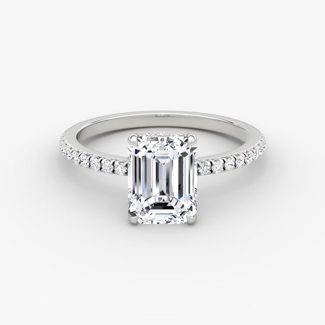 Emerald Cut - Pave Band Hidden Halo - Classic Engagement Ring- 14 K Gold