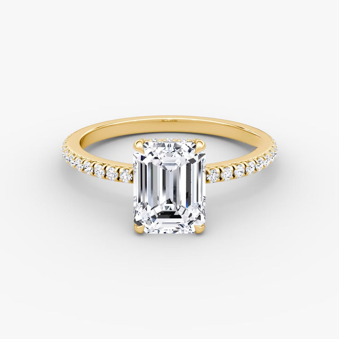 Emerald Cut - Pave Band Hidden Halo - Classic Engagement Ring- 14 K Gold