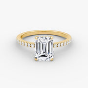 Emerald Cut - Pave Band Hidden Halo - Classic Engagement Ring- 18 K Gold