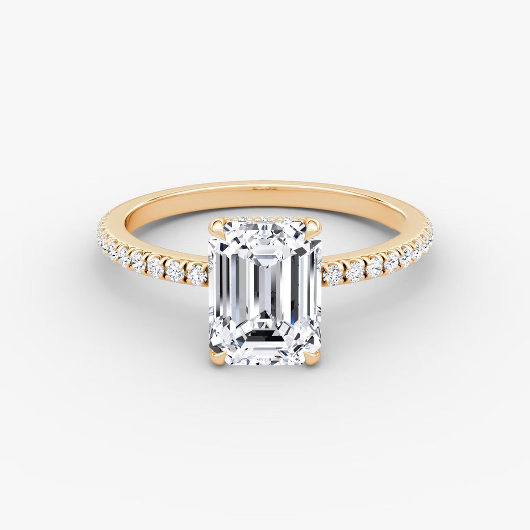Emerald Cut - Pave Band Hidden Halo - Classic Engagement Ring- 14 K Gold