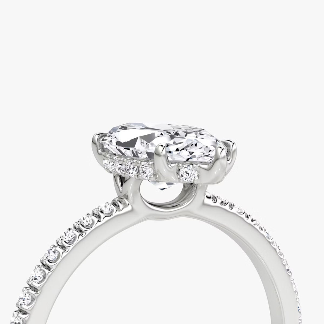 Marquise Cut - Pave Band Hidden Halo - Classic Engagement Ring- 14 K Gold