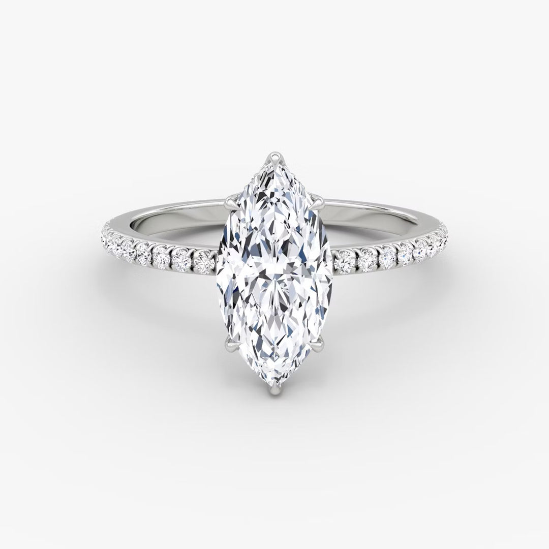 Marquise Cut - Pave Band Hidden Halo - Classic Engagement Ring- 14 K Gold