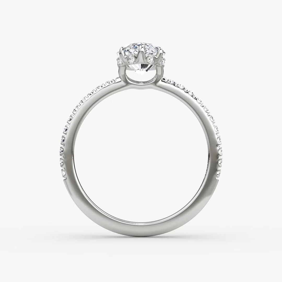 Marquise Cut - Pave Band Hidden Halo - Classic Engagement Ring- 14 K Gold