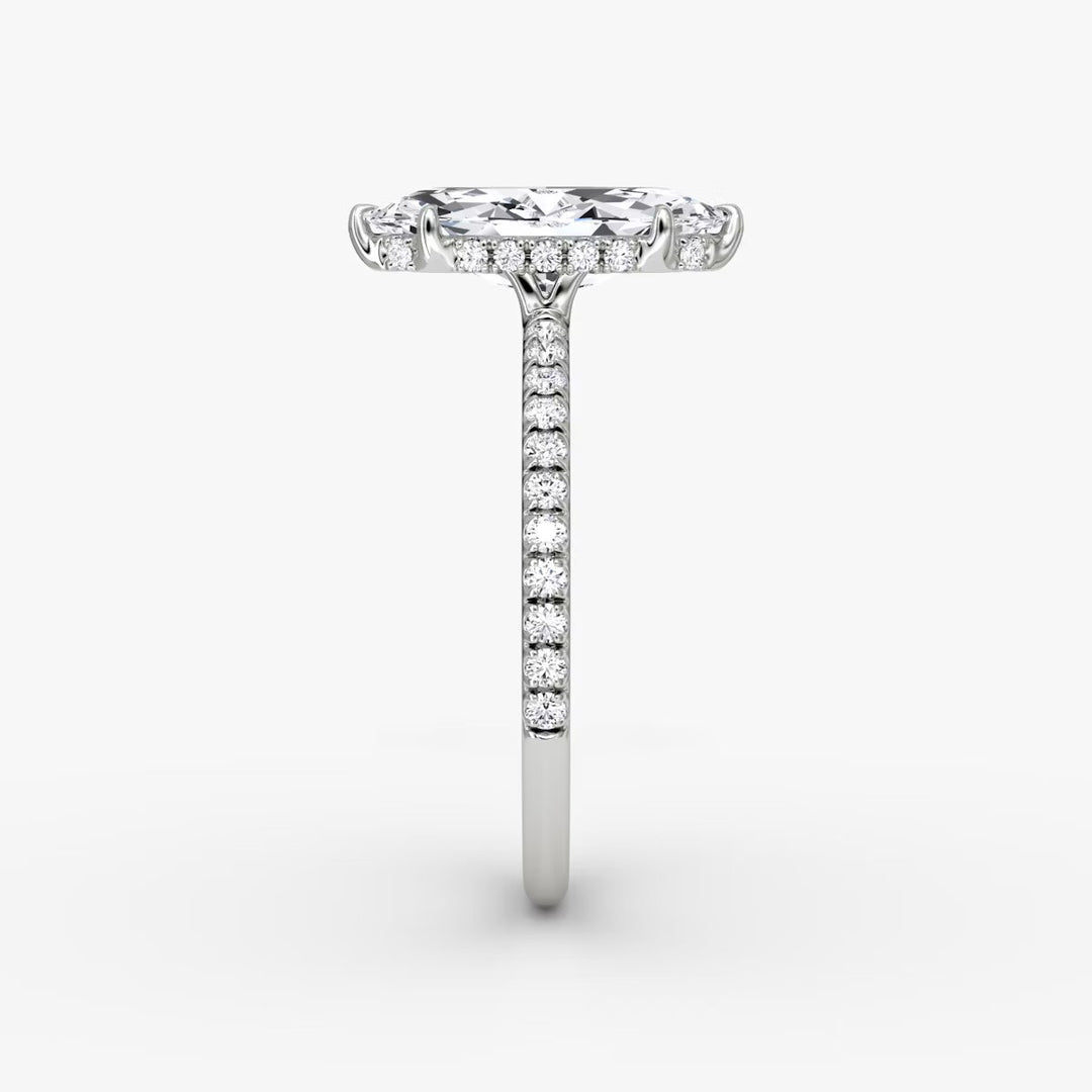 Marquise Cut - Pave Band Hidden Halo - Classic Engagement Ring- 14 K Gold