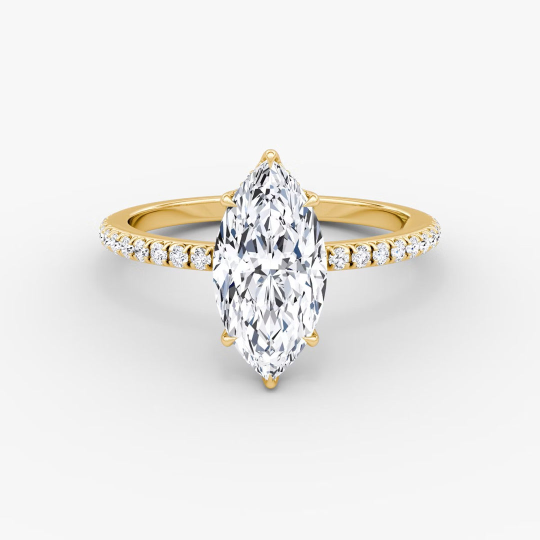 Marquise Cut - Pave Band Hidden Halo - Classic Engagement Ring- 14 K Gold