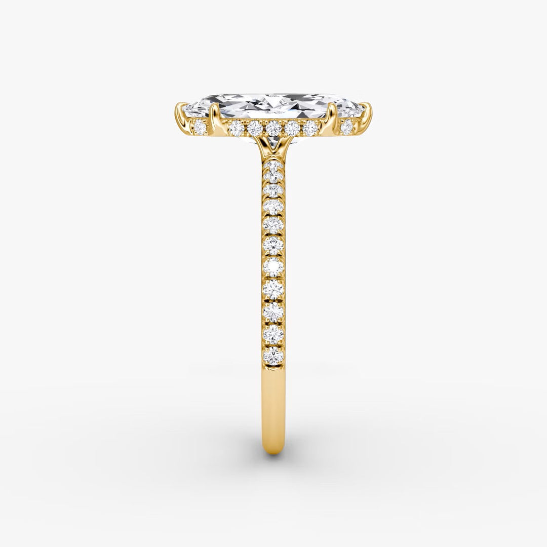 Marquise Cut - Pave Band Hidden Halo - Classic Engagement Ring- 14 K Gold