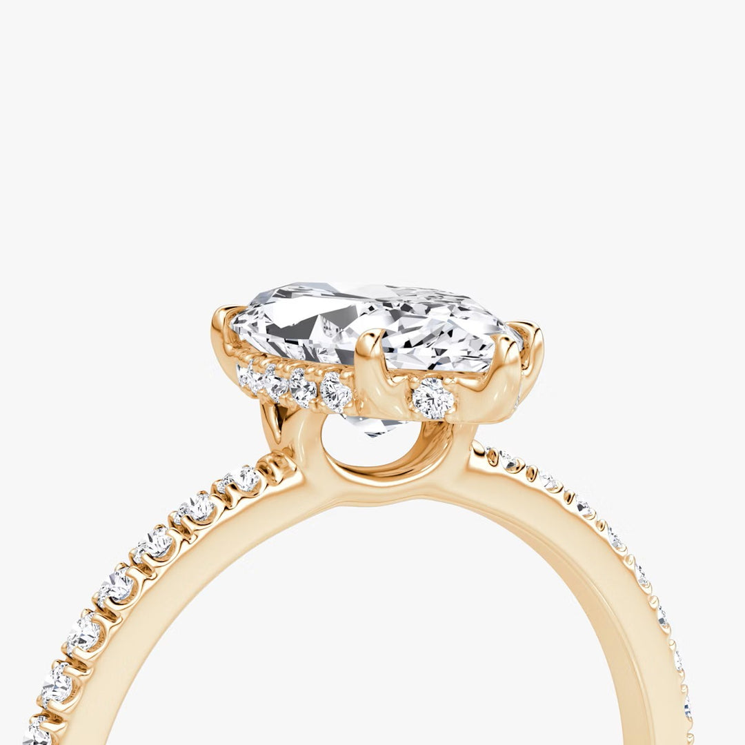 Marquise Cut - Pave Band Hidden Halo - Classic Engagement Ring- 14 K Gold