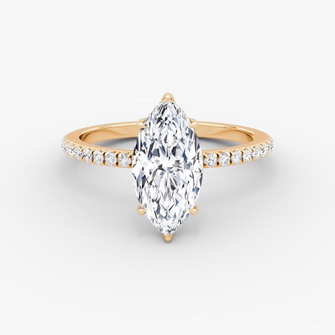 Marquise Cut - Pave Band Hidden Halo - Classic Engagement Ring- 14 K Gold