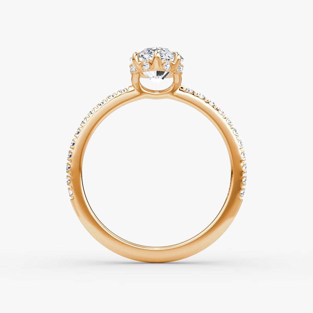 Marquise Cut - Pave Band Hidden Halo - Classic Engagement Ring- 14 K Gold