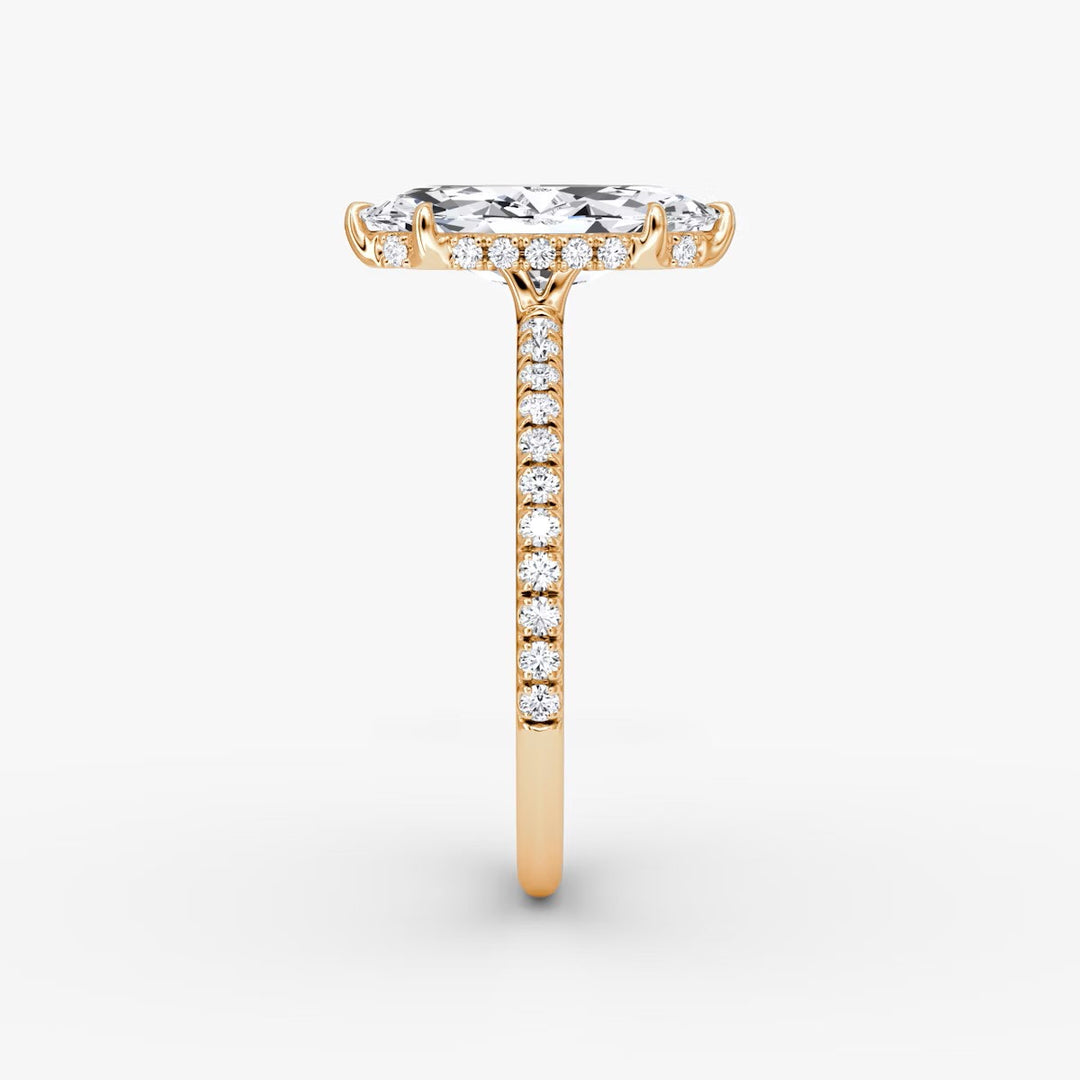 Marquise Cut - Pave Band Hidden Halo - Classic Engagement Ring- 14 K Gold