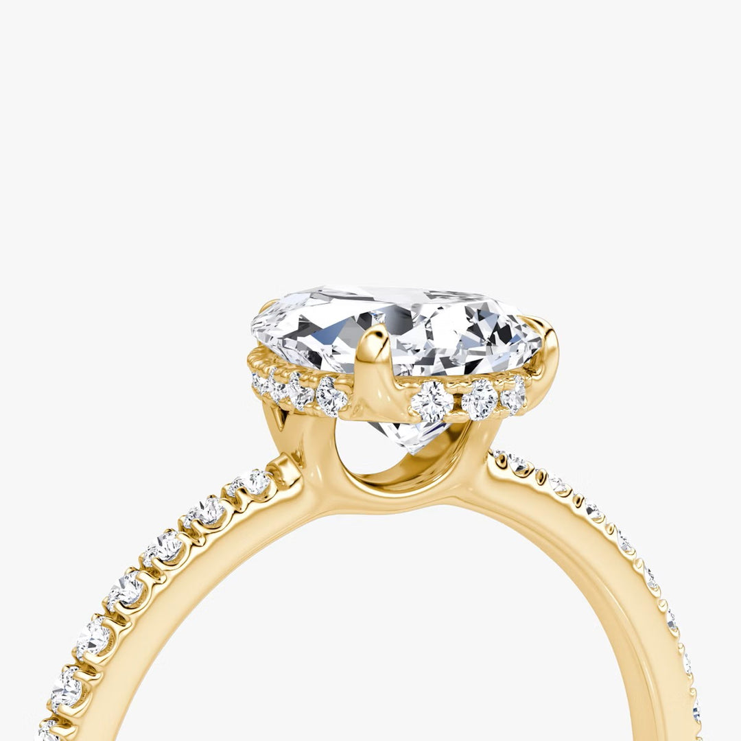 Pear Cut - Pave Band Hidden Halo - Classic Engagement Ring- 18 K Gold