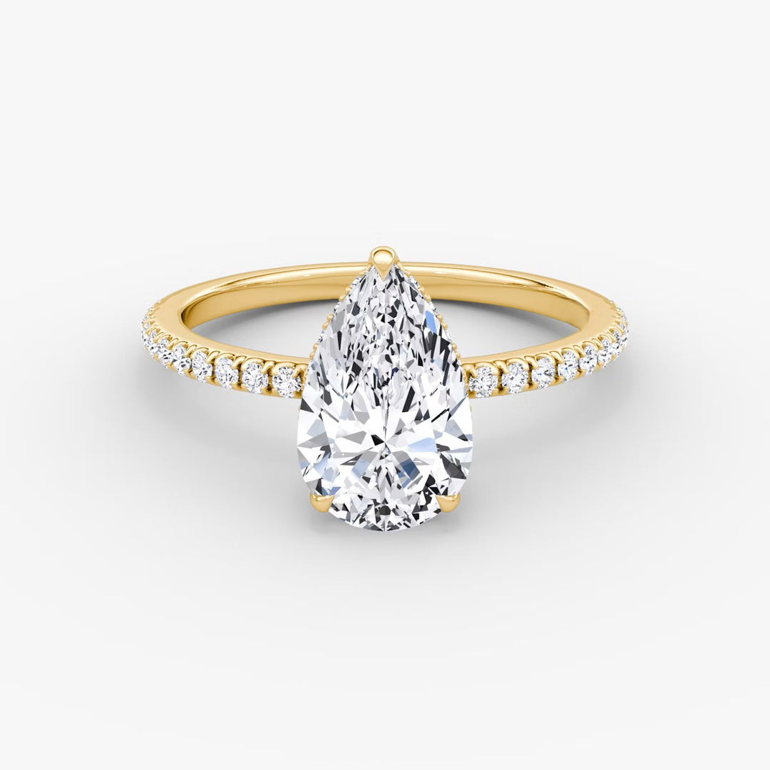 Pear Cut - Pave Band Hidden Halo - Classic Engagement Ring- 18 K Gold