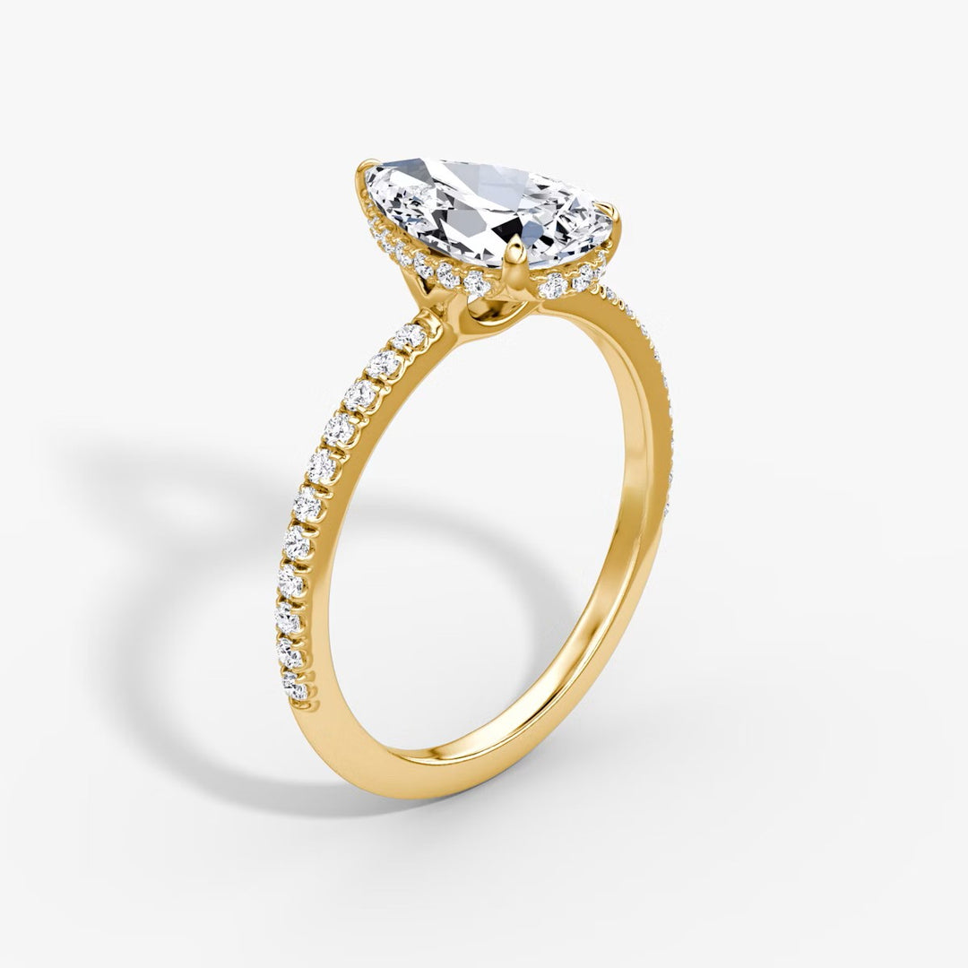 Pear Cut - Pave Band Hidden Halo - Classic Engagement Ring- 18 K Gold