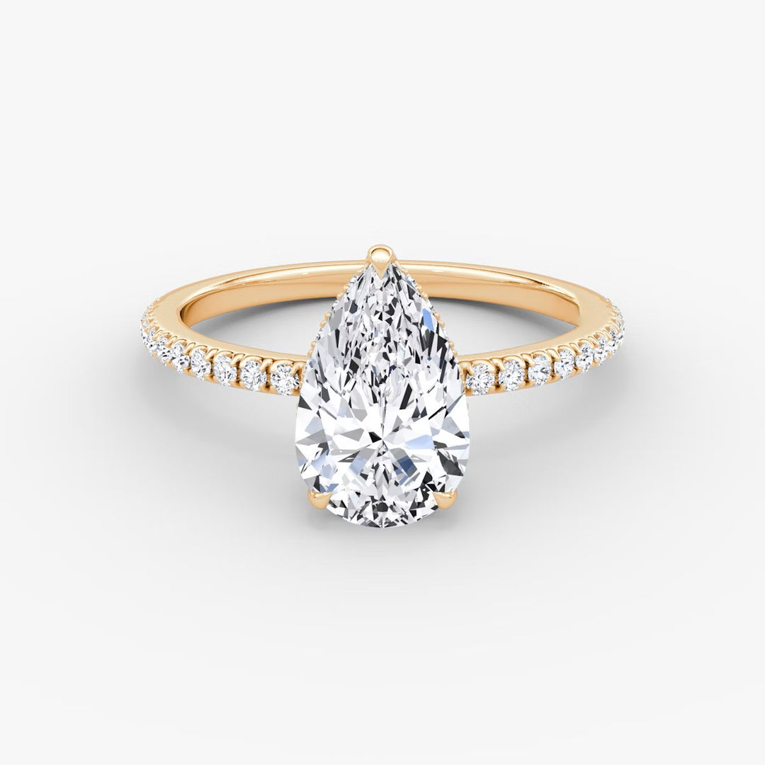 Pear Cut - Pave Band Hidden Halo - Classic Engagement Ring- 18 K Gold