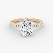 Pear Cut - Pave Band Hidden Halo - Classic Engagement Ring- 14 K Gold