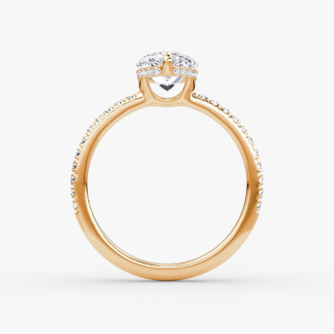 Pear Cut - Pave Band Hidden Halo - Classic Engagement Ring- 18 K Gold