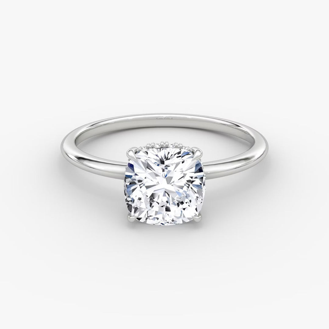 Cushion Cut - Plain Band Hidden Halo - Classic Engagement Ring- 18 K Gold