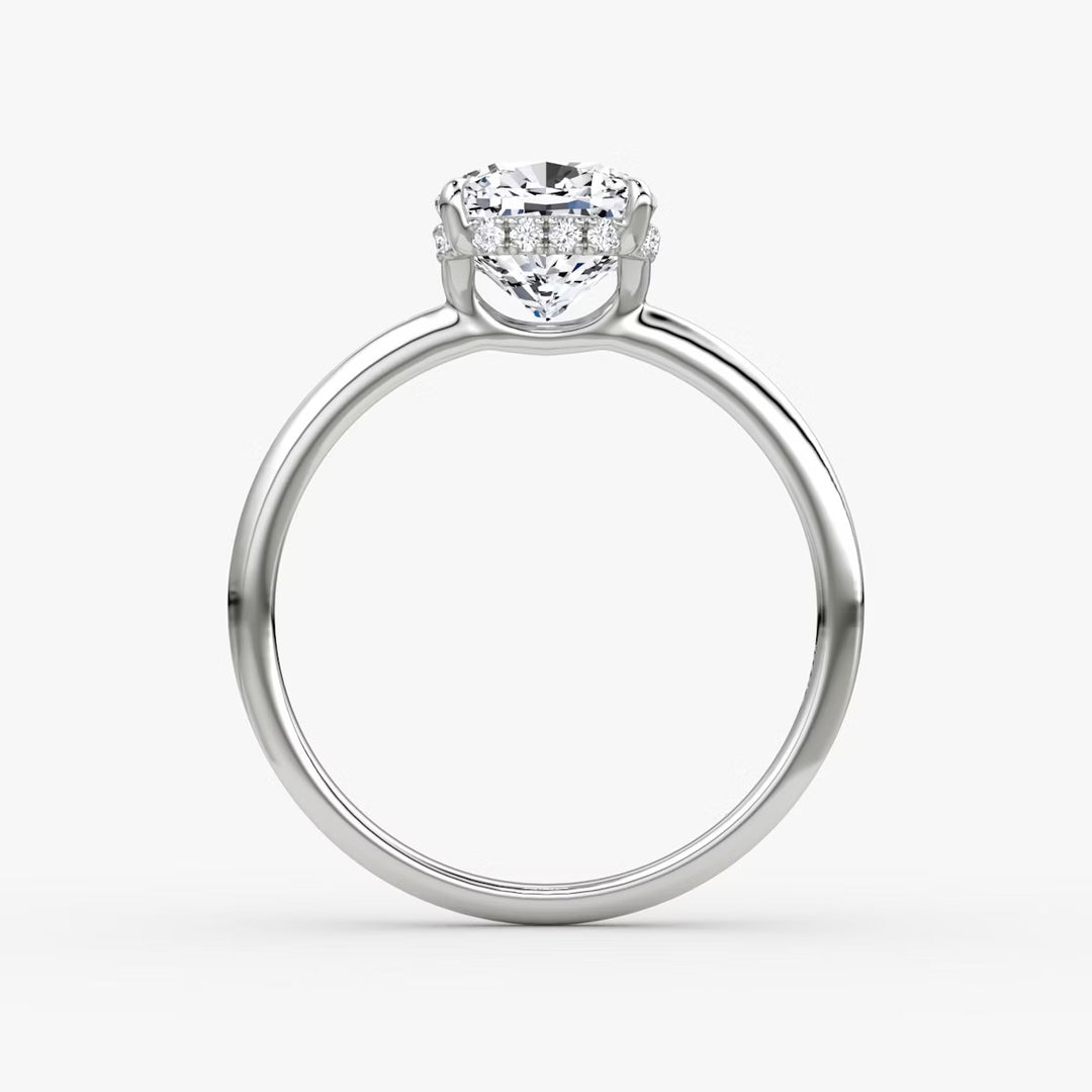 Cushion Cut - Plain Band Hidden Halo - Classic Engagement Ring- 18 K Gold