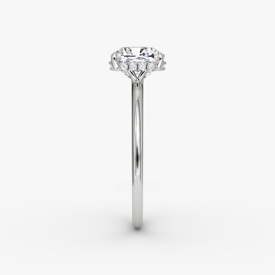 Cushion Cut - Plain Band Hidden Halo - Classic Engagement Ring- 18 K Gold