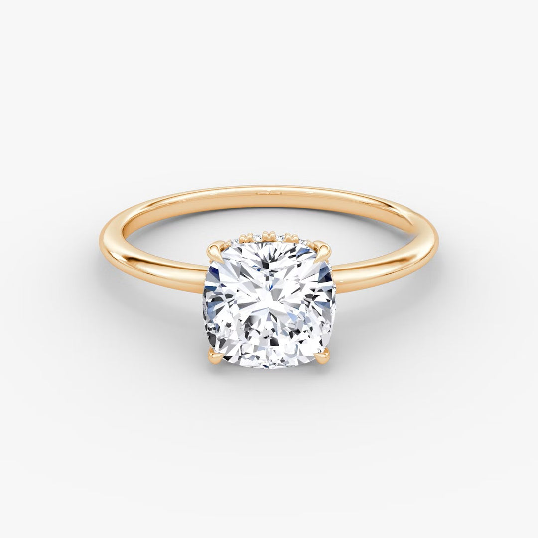 Cushion Cut - Plain Band Hidden Halo - Classic Engagement Ring- 18 K Gold