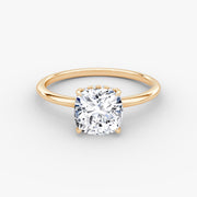 Cushion Cut - Plain Band Hidden Halo - Classic Engagement Ring- 14 K Gold