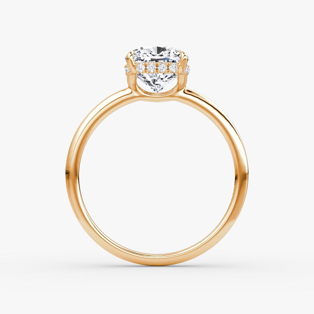 Cushion Cut - Plain Band Hidden Halo - Classic Engagement Ring- 18 K Gold