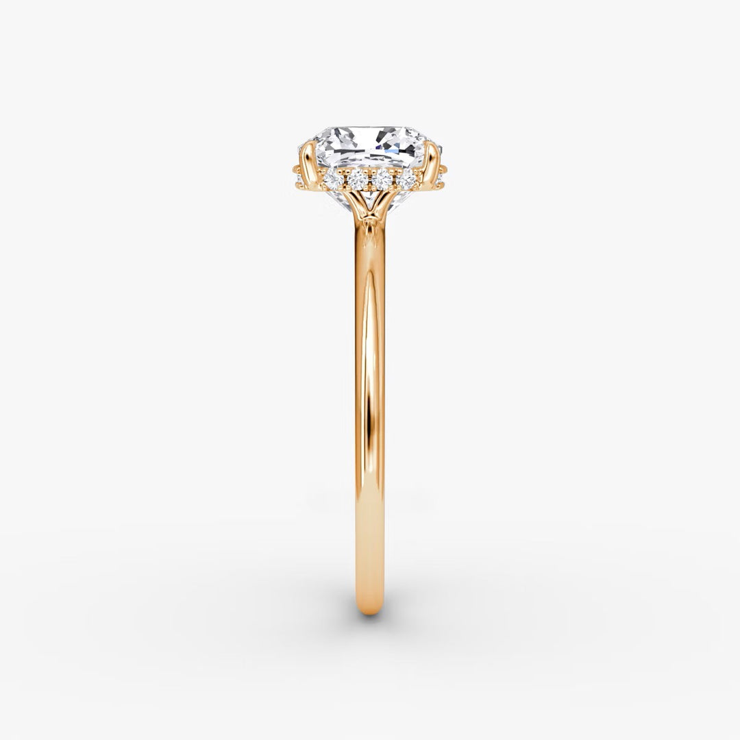 Cushion Cut - Plain Band Hidden Halo - Classic Engagement Ring- 18 K Gold