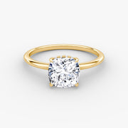 Cushion Cut - Plain Band Hidden Halo - Classic Engagement Ring- 14 K Gold