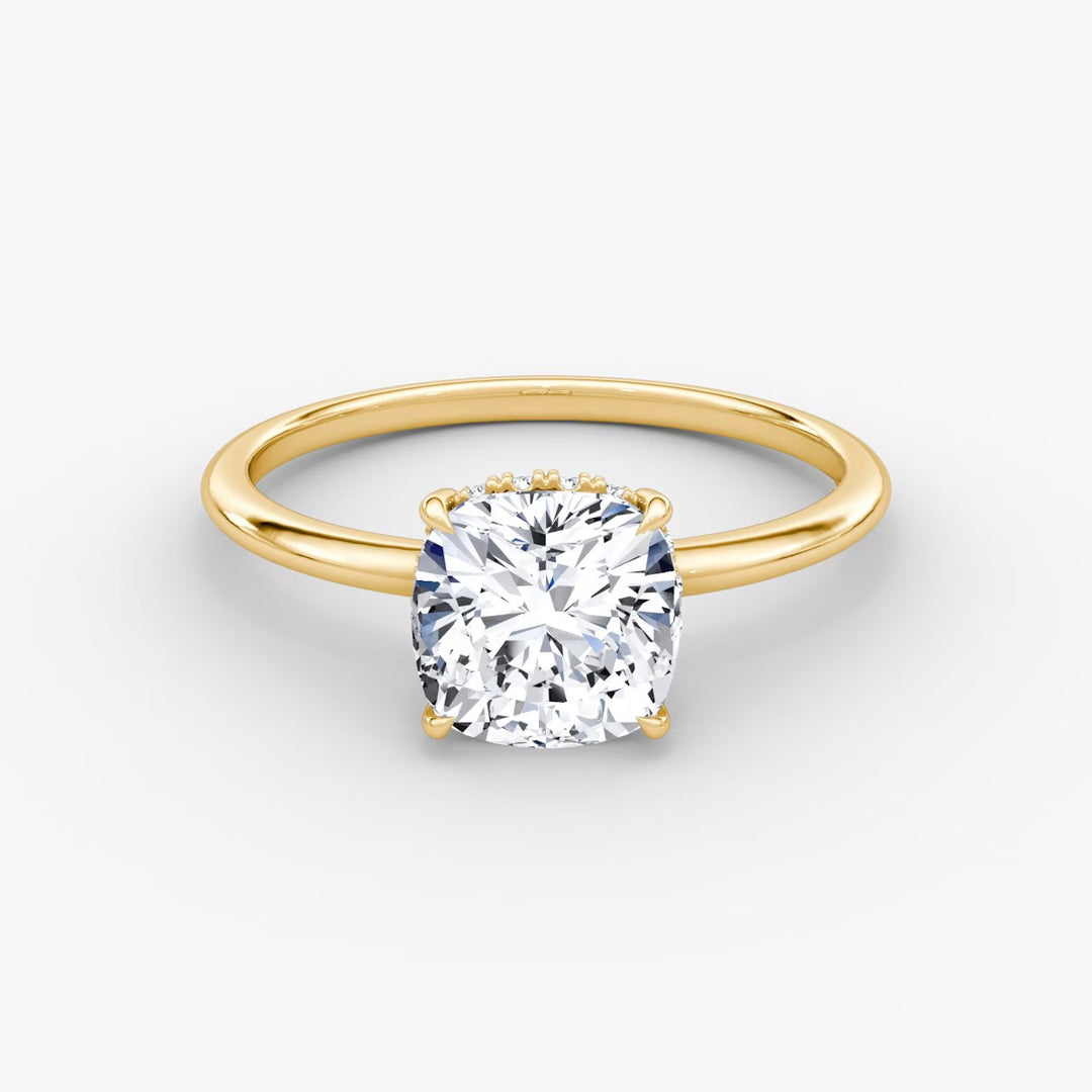 Cushion Cut - Plain Band Hidden Halo - Classic Engagement Ring- 18 K Gold
