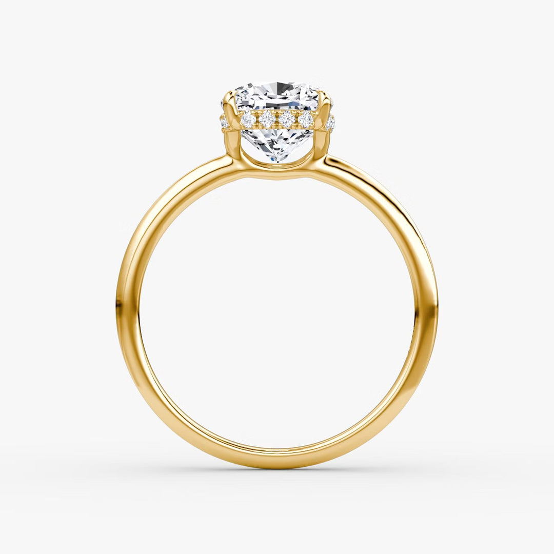 Cushion Cut - Plain Band Hidden Halo - Classic Engagement Ring- 18 K Gold
