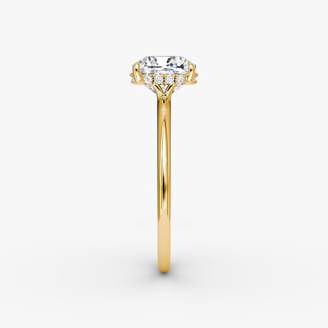 Cushion Cut - Plain Band Hidden Halo - Classic Engagement Ring- 18 K Gold