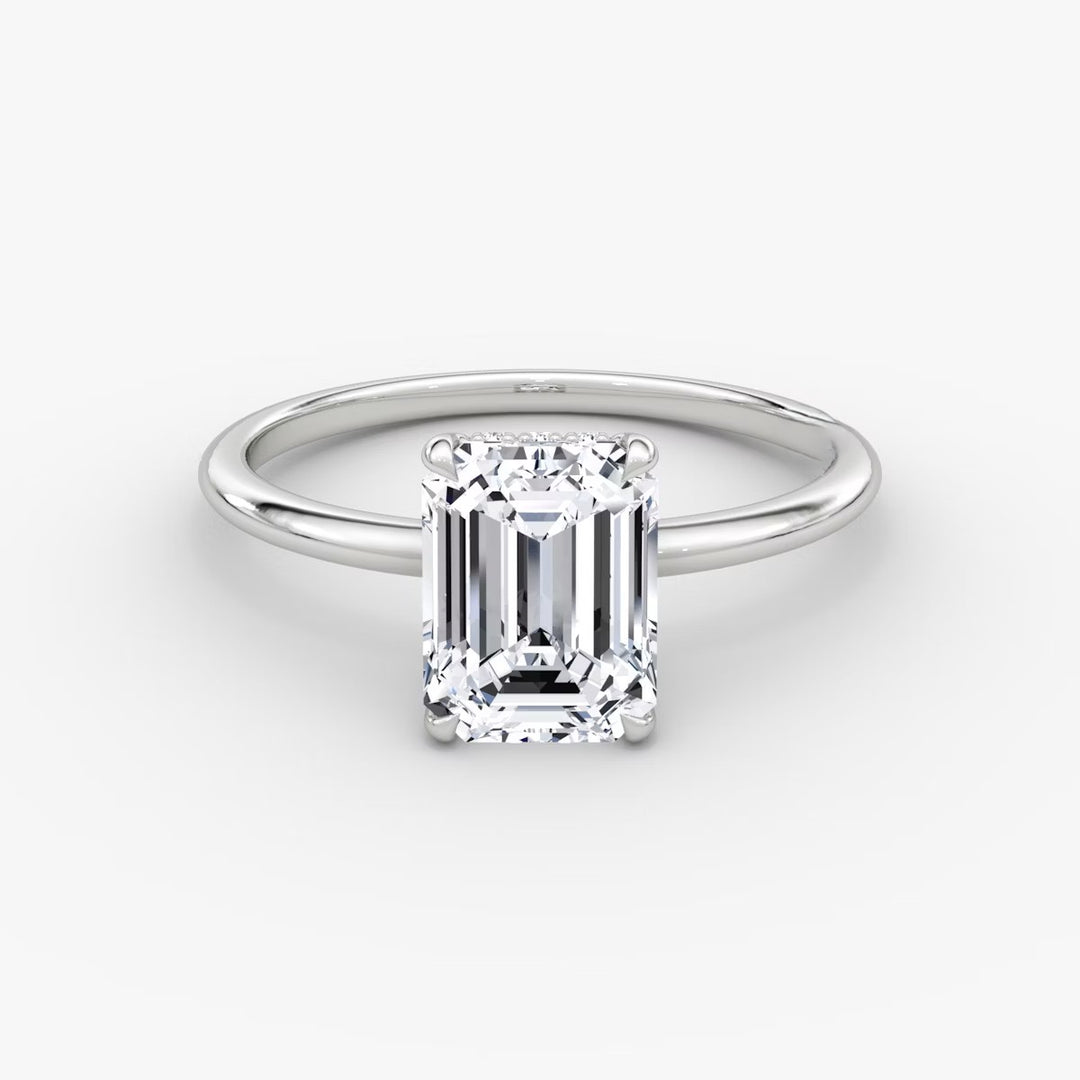 Emerald Cut - Plain Band Hidden Halo - Classic Engagement Ring- 18 K Gold