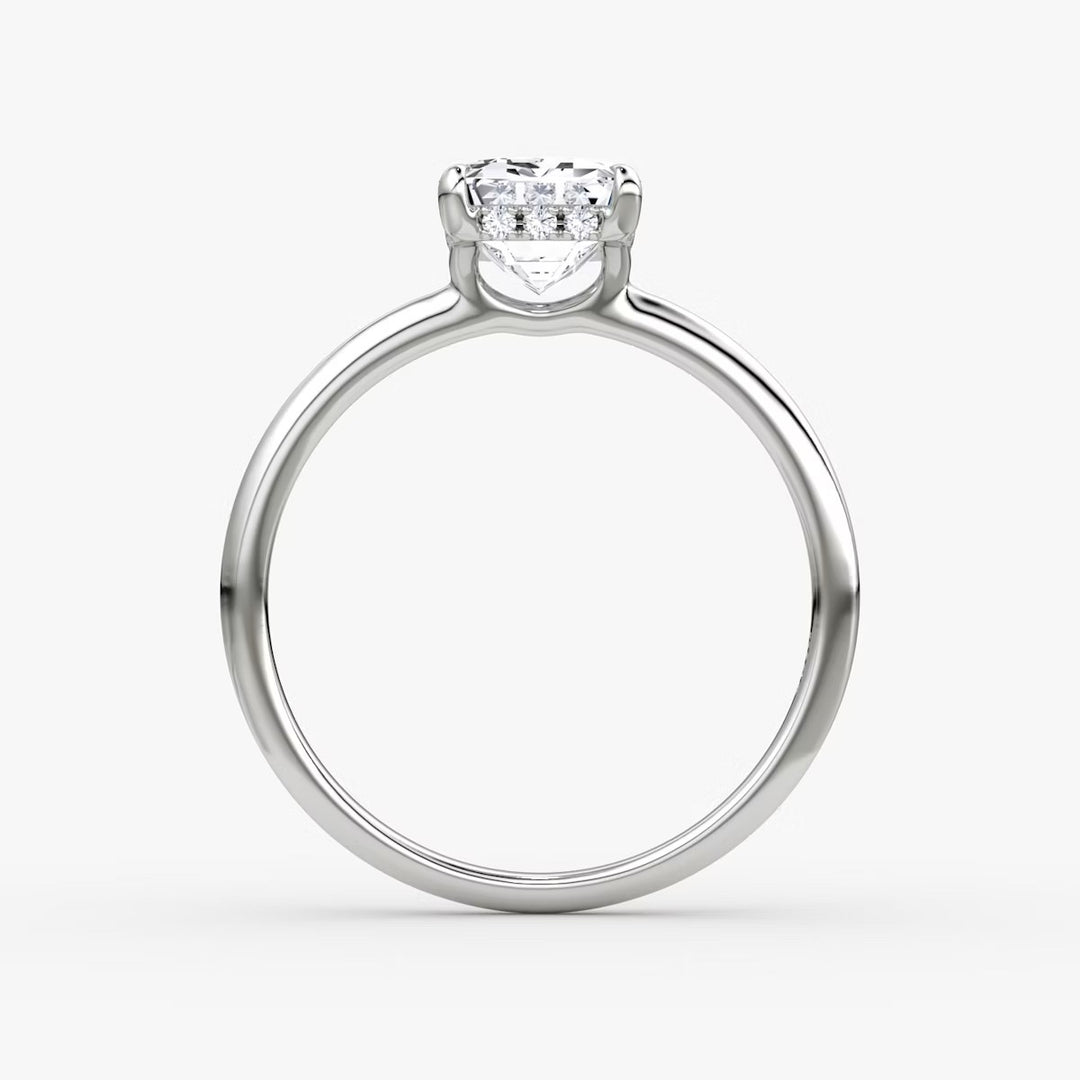 Emerald Cut - Plain Band Hidden Halo - Classic Engagement Ring- 18 K Gold