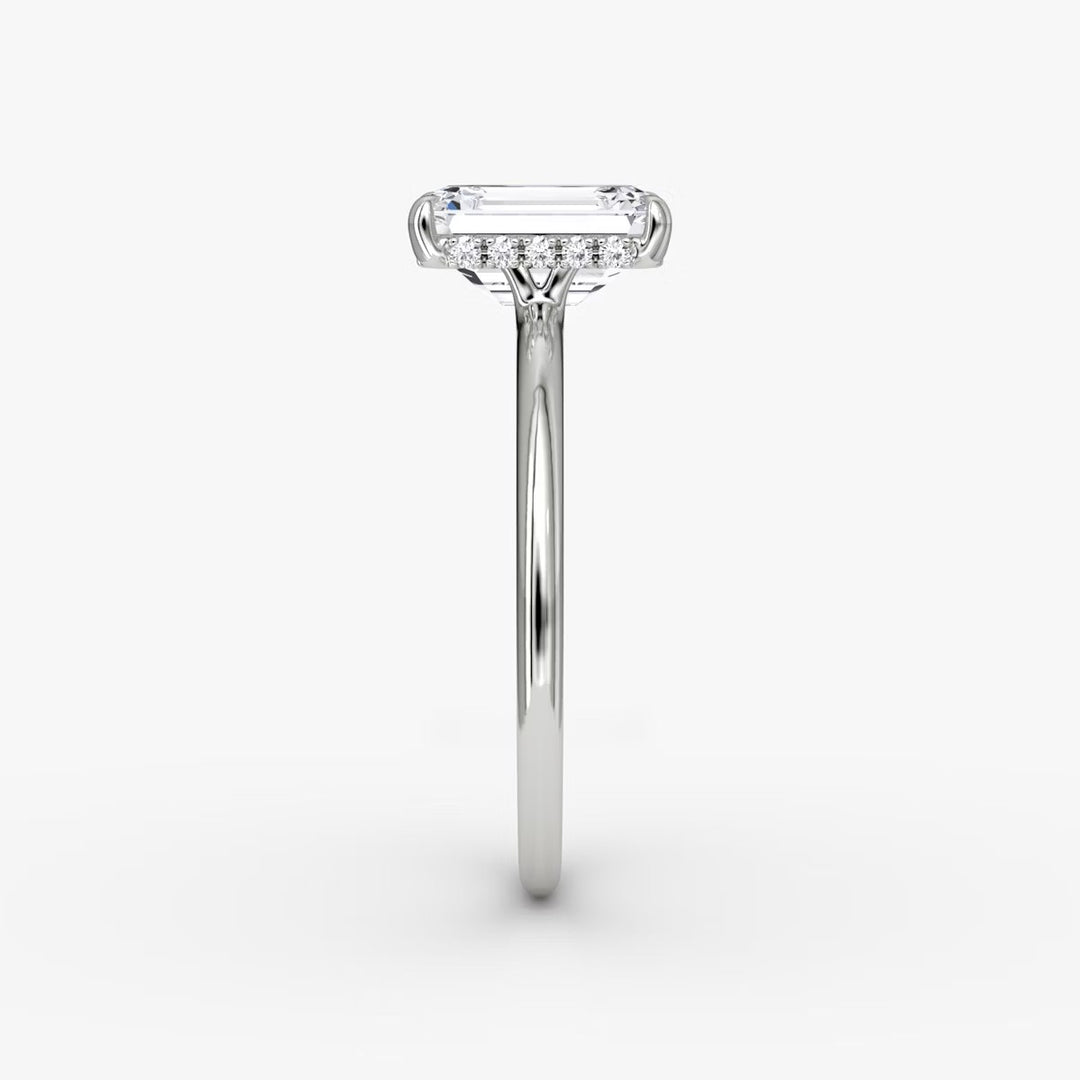 Emerald Cut - Plain Band Hidden Halo - Classic Engagement Ring- 18 K Gold