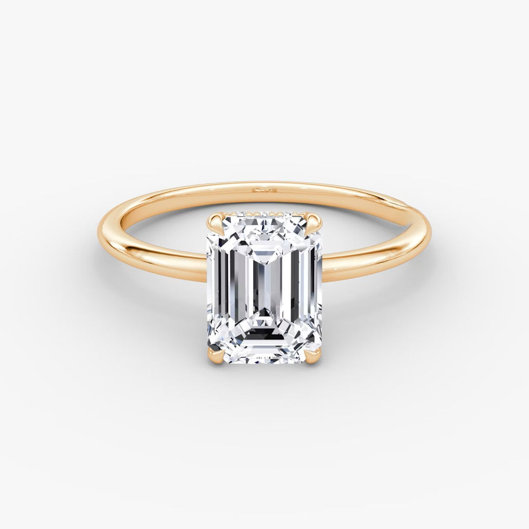 Emerald Cut - Plain Band Hidden Halo - Classic Engagement Ring- 18 K Gold