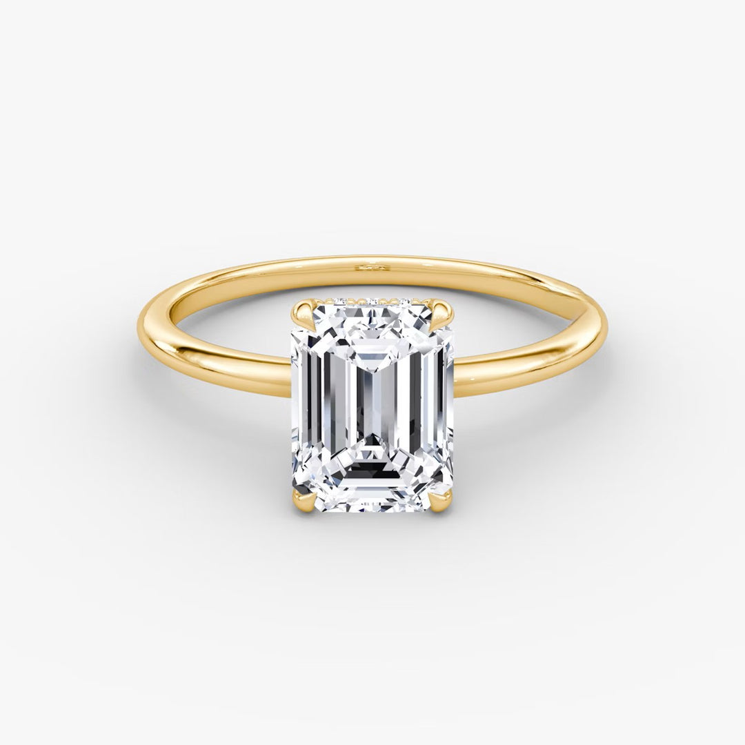 Emerald Cut - Plain Band Hidden Halo - Classic Engagement Ring- 18 K Gold